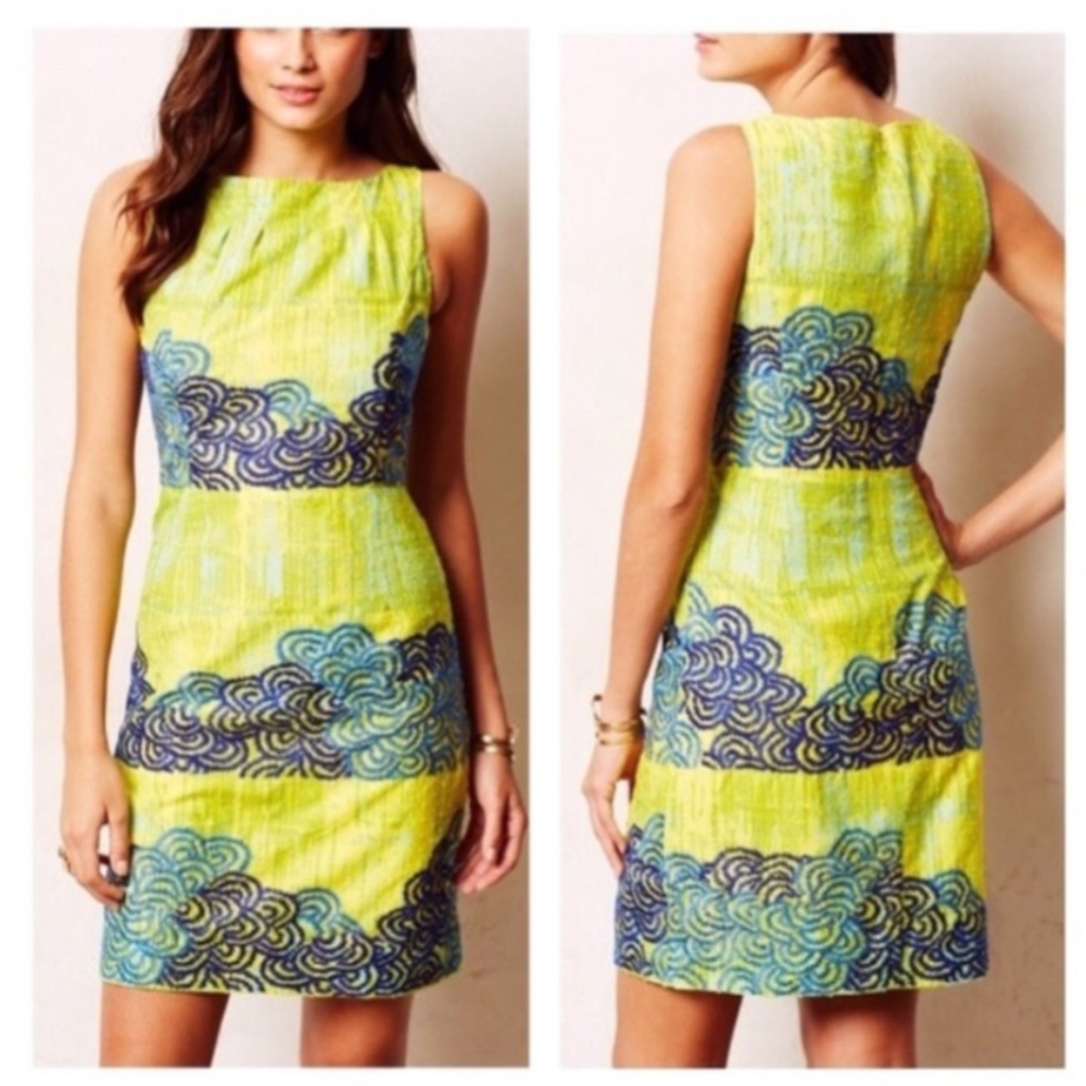 Tabitha Anthropologie Yellow Dress with Blue Embroidery